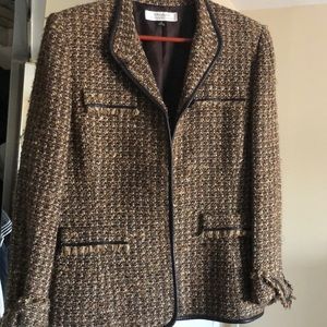 Tahari tweed blazer with leather trim